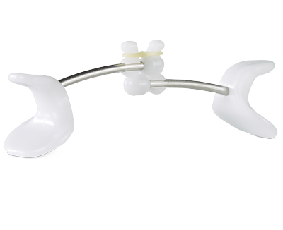 Close up view of of a Facial-Flex facial exerciser fitted with a No. 1 (6oz) resistance band